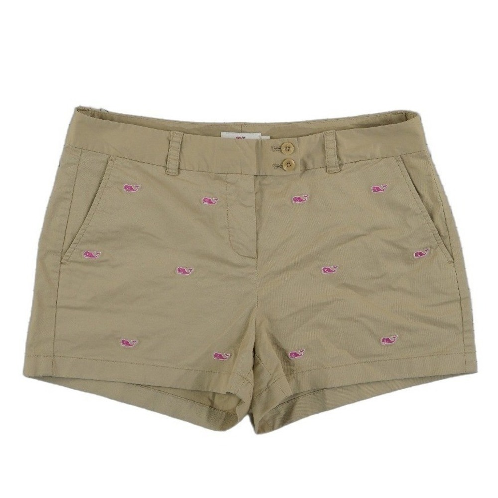 Vineyard Vines Whale Chino Shorts Women's Size 10 Khaki Tan Pink Embroidered